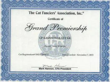 A certificate of grand premiership for the cat fanciers ' association.